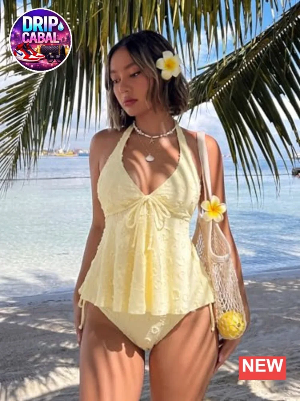 Women's Tankini Set with Textured Polka Dot Halter Top & Ruffle Hem Bottom